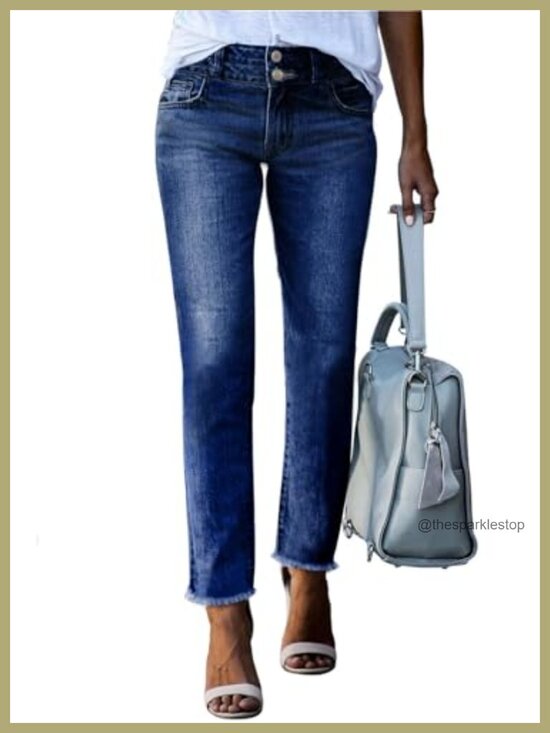 Denim - High Waisted Raw Hem Straight Leg Jeans | Double Button Tummy Control Stretch